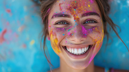 A woman with face painted in colorful powder smiling, AIの素材