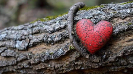 A red heart shaped rock on a tree branch with moss, AIの素材