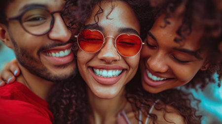 Three people are smiling and laughing together in a group, AIの素材