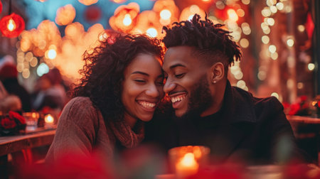 A couple is smiling at each other while sitting in a restaurant, AIの素材