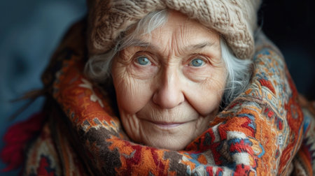 An older woman wearing a scarf and hat with her eyes closed, AIの素材