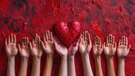 A group of hands reaching out to a heart shaped red object, AIの素材