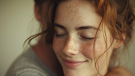 A woman with freckles and a smile hugging her head, AIの素材