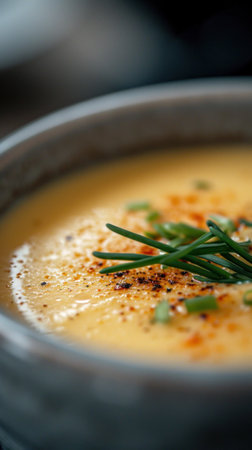 A bowl of soup with a garnish on top in the middle, AIの素材