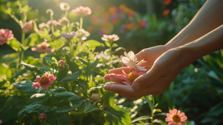A person holding a flower in their hand with other flowers around them, AIの素材
