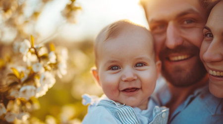 A man and woman with a baby smiling at the camera, AIの素材