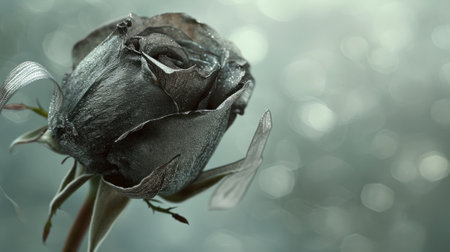 A close up of a black rose with some water on it, AIの素材