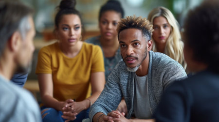 A group of people sitting around a table talking to each other, AIの素材