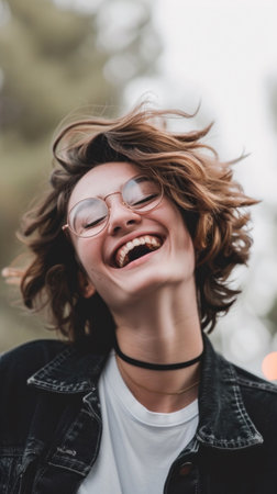 A woman with glasses and a black jacket smiling, AIの素材