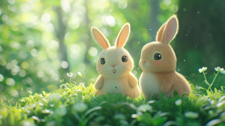 Two small rabbits sitting in a field of grass with trees behind them, AIの素材