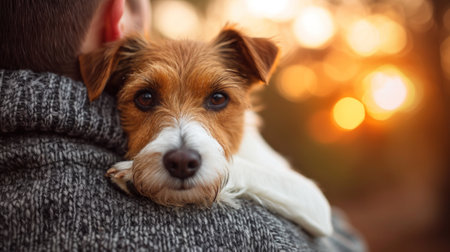 A dog is sitting on a mans shoulder with blurred background, AIの素材