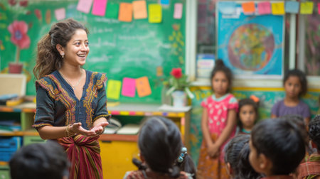 A woman standing in front of a group of children with her hands out, AIの素材