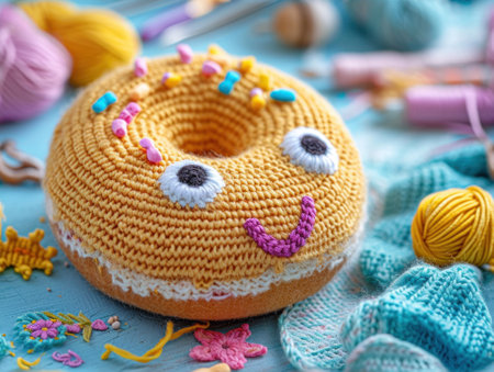 A crocheted doughnut is sitting on a table with yarn and needles, AIの素材