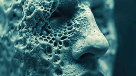 A close up of a sculpture with bubbles on its face, AIの素材
