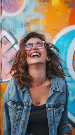 A woman in a denim jacket smiling while standing next to graffiti, AIの素材