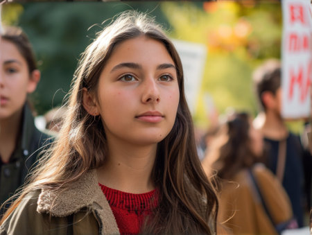 A young woman with long brown hair standing in a crowd, AIの素材