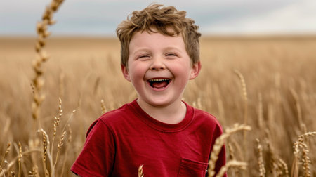 A young boy in a red shirt laughing while standing next to some tall grass, AIの素材