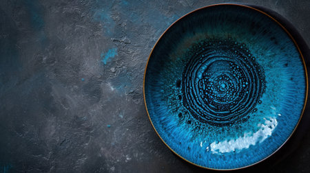 A blue plate sitting on a gray wall with swirls, AIの素材