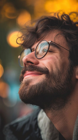 A man with glasses and a beard looking up at the sky, AIの素材