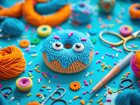 A blue table with a doughnut, yarn and scissors, AIの素材