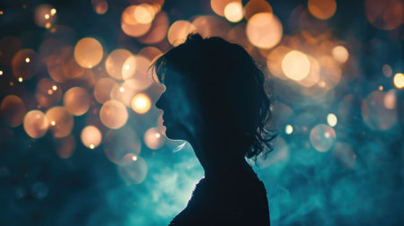 A woman standing in front of a dark background with lights, AIの素材
