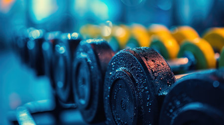 A row of dumbbells in a gym with water droplets on them, AIの素材