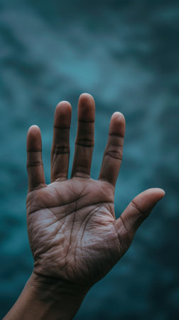A hand with a palm facing the camera, and water in background, AIの素材