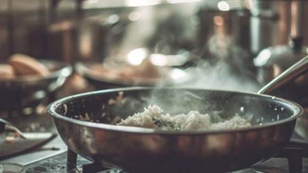 A pan of rice is cooking on a stove top, AIの素材