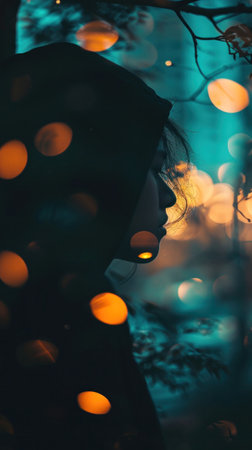 A woman in a hoodie looking at the camera with blurry lights, AIの素材