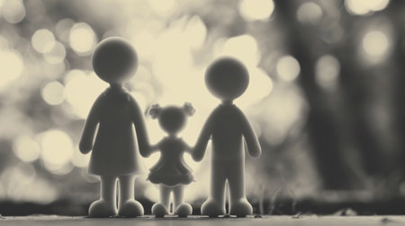 A black and white photo of a family with two children, AIの素材