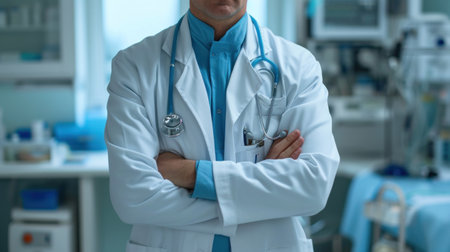 A male doctor standing in a hospital room with his arms crossed, AIの素材