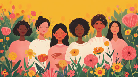 A group of women standing in a field with flowers, AIの素材