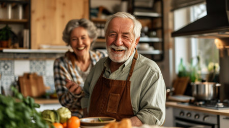 A man and woman in kitchen preparing food together, AIの素材