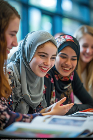 A group of young women smiling at each other while looking through a book, AIの素材