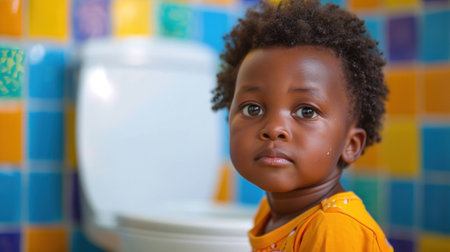 A young child with afro standing in front of a toilet, AIの素材
