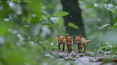 Three fox cubs walking in the rain through a forest, AIの素材