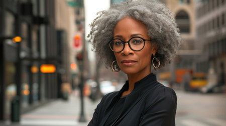 A woman with glasses and a gray afro standing on the street, AIの素材
