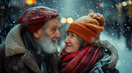 A man and woman in winter hats standing next to each other, AIの素材