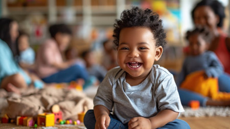 A young boy sitting on the floor with other children, AIの素材