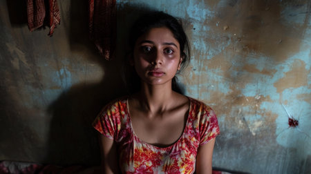 A woman sitting on a bed with her face in the wall, AIの素材