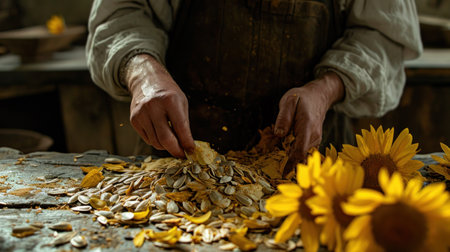 A man making sunflower seeds on a table with other items, AIの素材