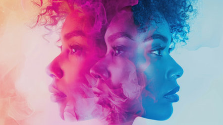 Two women with different colored hair and faces in a split image, AIの素材