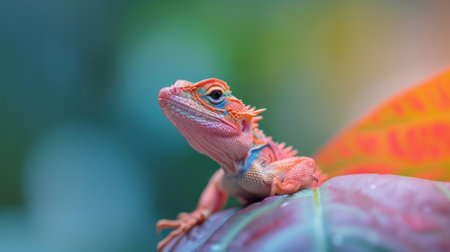 A lizard is sitting on top of a leaf with colorful background, AIの素材