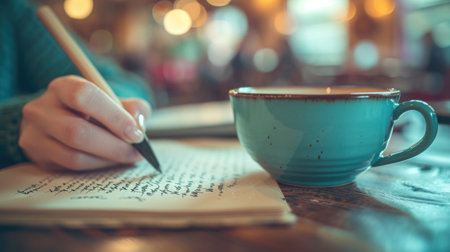 A person writing on a piece of paper with a cup next to them, AIの素材