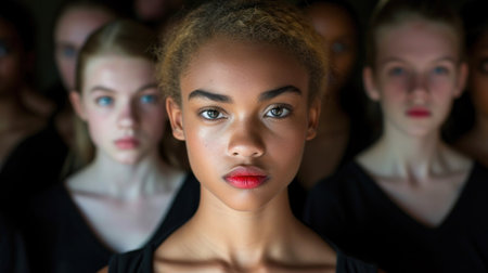 A group of women with red lips in front of a black background, AIの素材