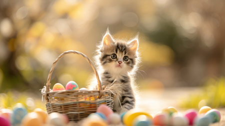 A kitten sitting next to a basket of eggs with easter bunnies, AIの素材