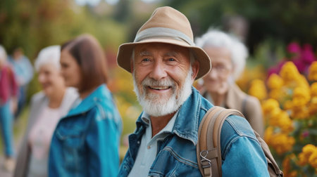 A man with a hat and backpack standing in front of flowers, AIの素材