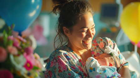 A woman holding a baby in her arms with balloons behind them, AIの素材