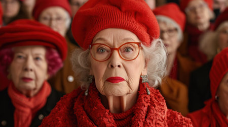 A group of older women wearing red hats and glasses, AIの素材