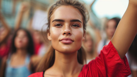 A woman with a red shirt and her arms up in the air, AIの素材